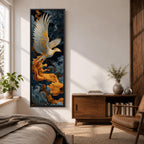 A tall vertical artwork depicts a majestic phoenix with outstretched wings rendered in intricate feather detail, its white and gold plumage glowing against swirling dark blue and smoky cloud forms, while flowing golden flames trail from its body, blending Asian-inspired brushwork with dynamic movement and a mythic, firebird presence.