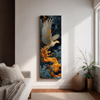 A tall vertical artwork depicts a majestic phoenix with outstretched wings rendered in intricate feather detail, its white and gold plumage glowing against swirling dark blue and smoky cloud forms, while flowing golden flames trail from its body, blending Asian-inspired brushwork with dynamic movement and a mythic, firebird presence.