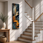 A tall vertical artwork depicts a majestic phoenix with outstretched wings rendered in intricate feather detail, its white and gold plumage glowing against swirling dark blue and smoky cloud forms, while flowing golden flames trail from its body, blending Asian-inspired brushwork with dynamic movement and a mythic, firebird presence.