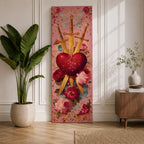 A tall narrow vertical artwork of a radiant sacred heart pierced by three golden swords, surrounded by glowing light bursts, ornate embellishments, and blooming red and pink roses, set against a soft pink background, rendered in a richly detailed painterly style with symmetrical composition and vibrant color accents.