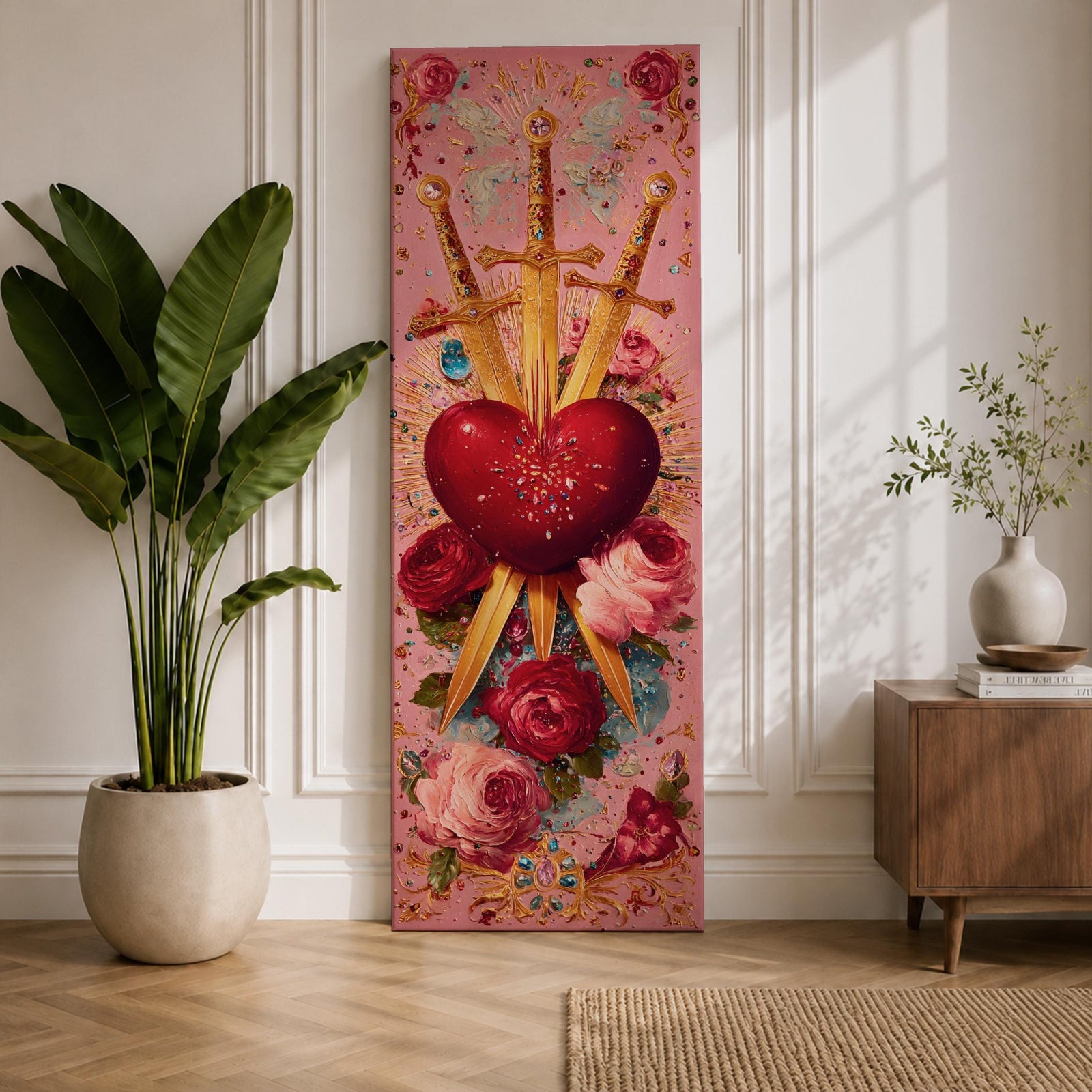 A tall narrow vertical artwork of a radiant sacred heart pierced by three golden swords, surrounded by glowing light bursts, ornate embellishments, and blooming red and pink roses, set against a soft pink background, rendered in a richly detailed painterly style with symmetrical composition and vibrant color accents.
