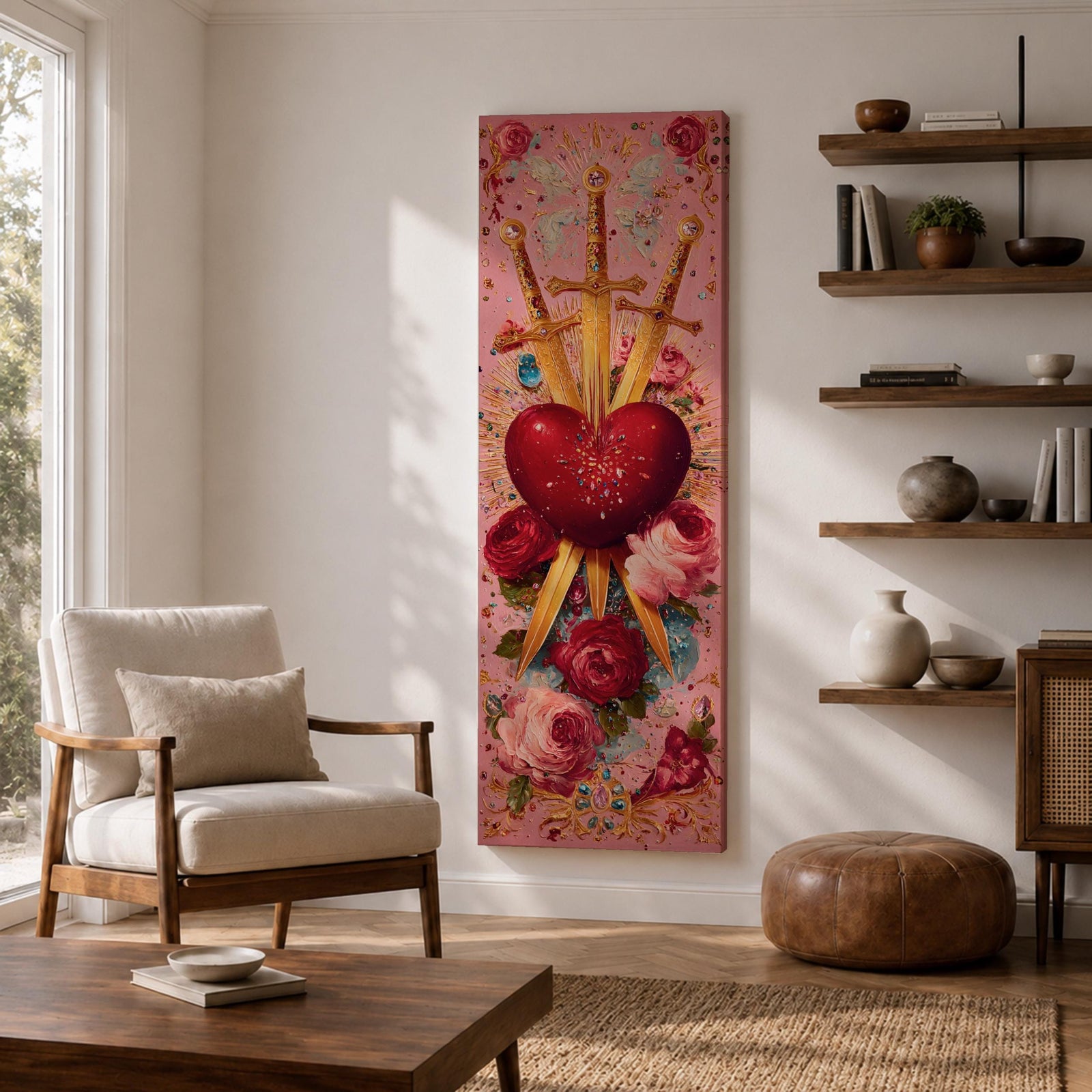 A tall narrow vertical artwork of a radiant sacred heart pierced by three golden swords, surrounded by glowing light bursts, ornate embellishments, and blooming red and pink roses, set against a soft pink background, rendered in a richly detailed painterly style with symmetrical composition and vibrant color accents.