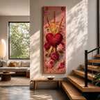 A tall narrow vertical artwork of a radiant sacred heart pierced by three golden swords, surrounded by glowing light bursts, ornate embellishments, and blooming red and pink roses, set against a soft pink background, rendered in a richly detailed painterly style with symmetrical composition and vibrant color accents.