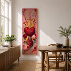 A tall narrow vertical artwork of a radiant sacred heart pierced by three golden swords, surrounded by glowing light bursts, ornate embellishments, and blooming red and pink roses, set against a soft pink background, rendered in a richly detailed painterly style with symmetrical composition and vibrant color accents.