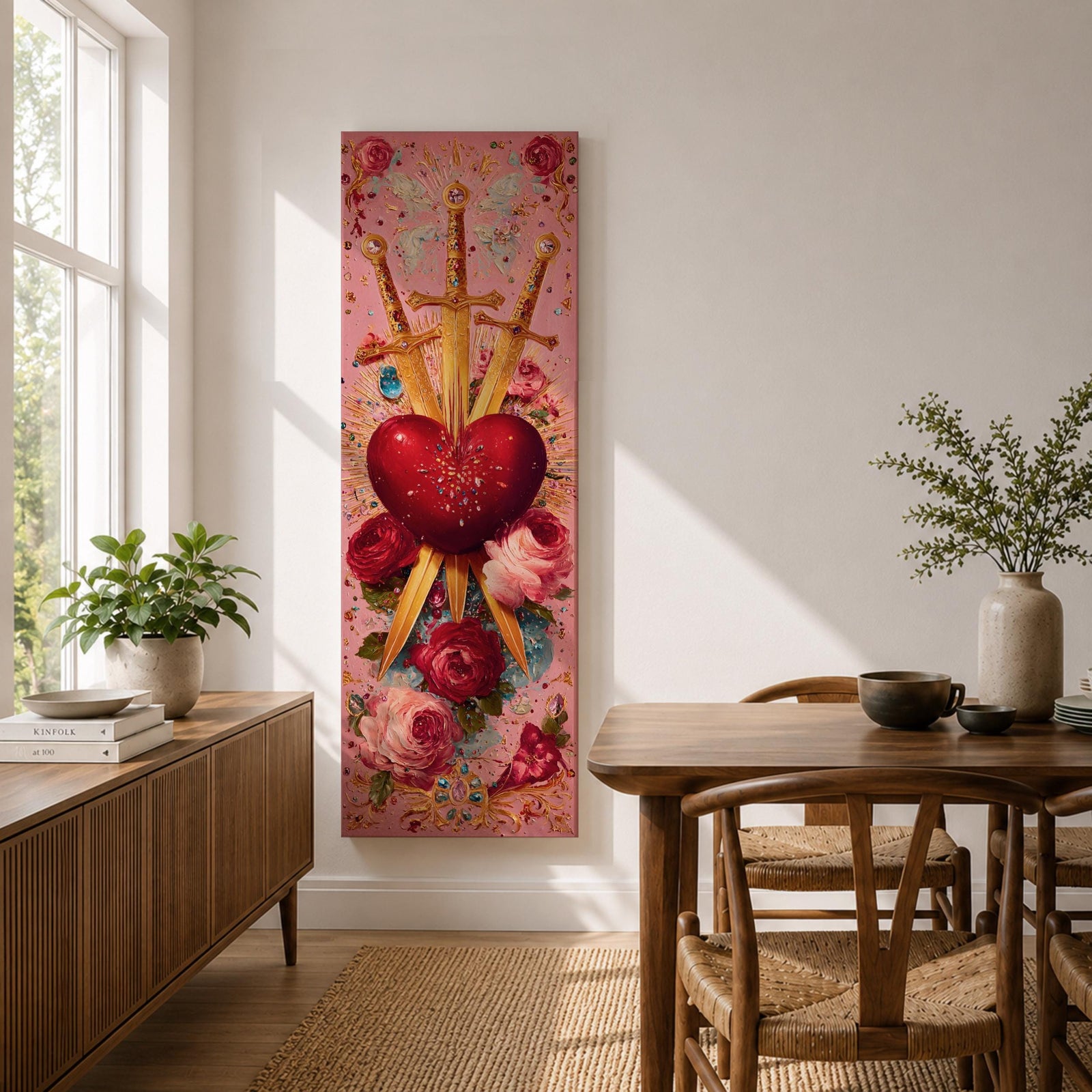 A tall narrow vertical artwork of a radiant sacred heart pierced by three golden swords, surrounded by glowing light bursts, ornate embellishments, and blooming red and pink roses, set against a soft pink background, rendered in a richly detailed painterly style with symmetrical composition and vibrant color accents.