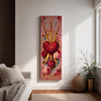 A tall narrow vertical artwork of a radiant sacred heart pierced by three golden swords, surrounded by glowing light bursts, ornate embellishments, and blooming red and pink roses, set against a soft pink background, rendered in a richly detailed painterly style with symmetrical composition and vibrant color accents.