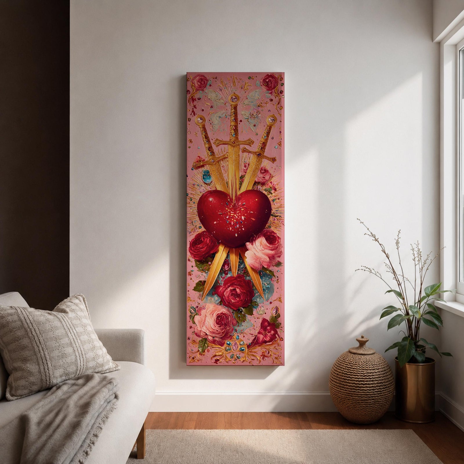 A tall narrow vertical artwork of a radiant sacred heart pierced by three golden swords, surrounded by glowing light bursts, ornate embellishments, and blooming red and pink roses, set against a soft pink background, rendered in a richly detailed painterly style with symmetrical composition and vibrant color accents.