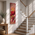 A tall narrow vertical artwork of a radiant sacred heart pierced by three golden swords, surrounded by glowing light bursts, ornate embellishments, and blooming red and pink roses, set against a soft pink background, rendered in a richly detailed painterly style with symmetrical composition and vibrant color accents.