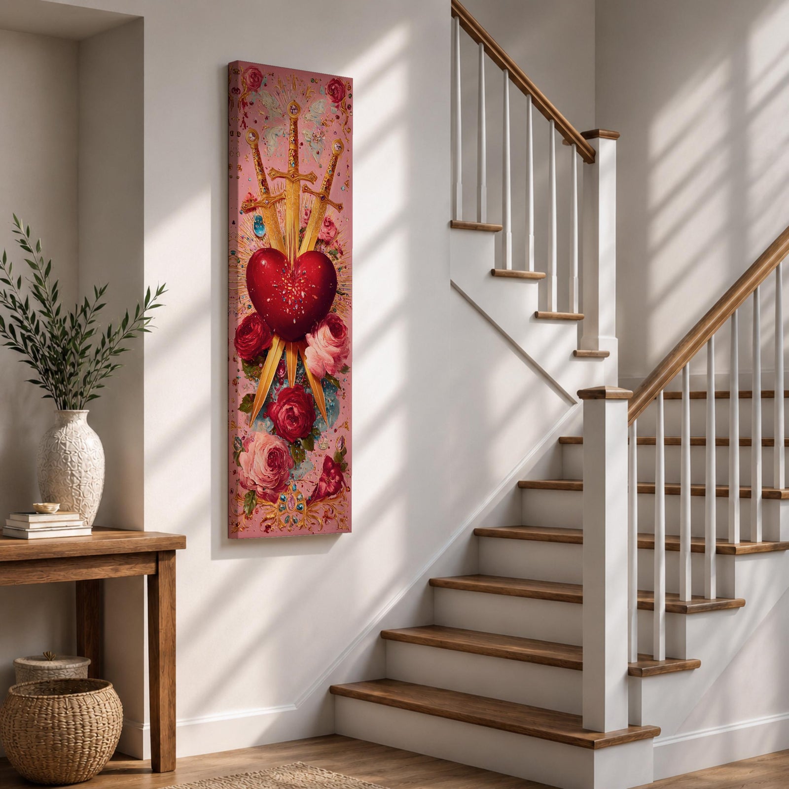 A tall narrow vertical artwork of a radiant sacred heart pierced by three golden swords, surrounded by glowing light bursts, ornate embellishments, and blooming red and pink roses, set against a soft pink background, rendered in a richly detailed painterly style with symmetrical composition and vibrant color accents.