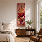 A tall narrow vertical artwork of a radiant sacred heart pierced by three golden swords, surrounded by glowing light bursts, ornate embellishments, and blooming red and pink roses, set against a soft pink background, rendered in a richly detailed painterly style with symmetrical composition and vibrant color accents.