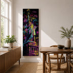 A tall narrow artwork of the Statue of Liberty rendered in vibrant graffiti style with bold neon colors, layered spray paint textures and street tags across the background, featuring dynamic splashes of pink, yellow, blue and green with high contrast outlines in an urban pop art composition.