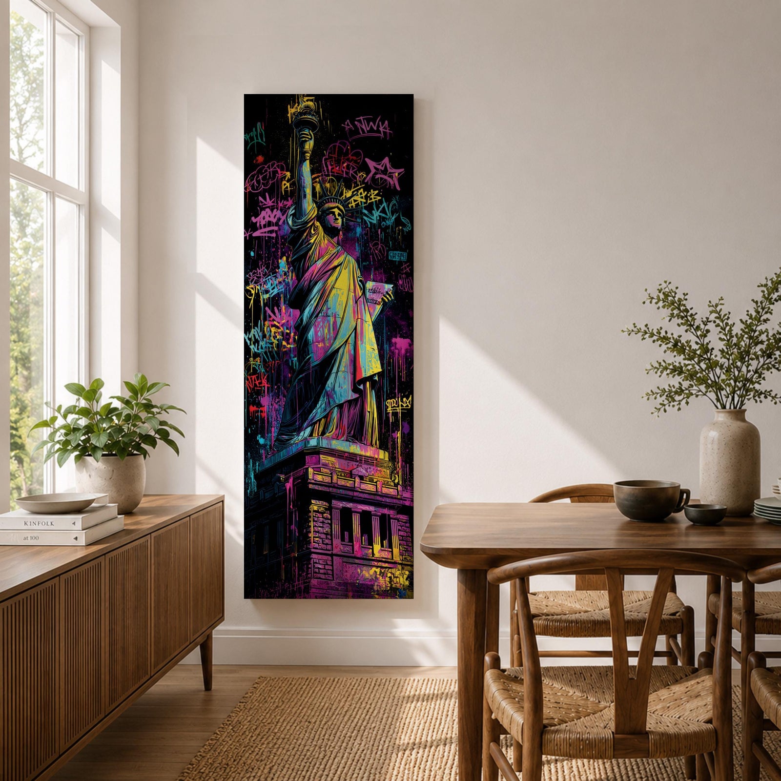 A tall narrow artwork of the Statue of Liberty rendered in vibrant graffiti style with bold neon colors, layered spray paint textures and street tags across the background, featuring dynamic splashes of pink, yellow, blue and green with high contrast outlines in an urban pop art composition.