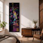 A tall narrow artwork of the Statue of Liberty rendered in vibrant graffiti style with bold neon colors, layered spray paint textures and street tags across the background, featuring dynamic splashes of pink, yellow, blue and green with high contrast outlines in an urban pop art composition.