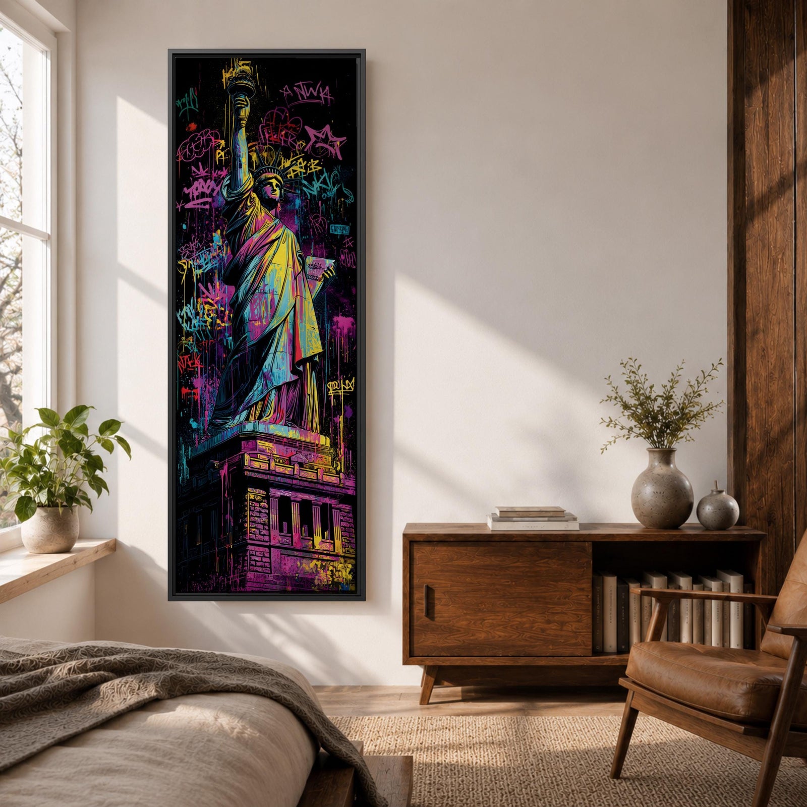 A tall narrow artwork of the Statue of Liberty rendered in vibrant graffiti style with bold neon colors, layered spray paint textures and street tags across the background, featuring dynamic splashes of pink, yellow, blue and green with high contrast outlines in an urban pop art composition.