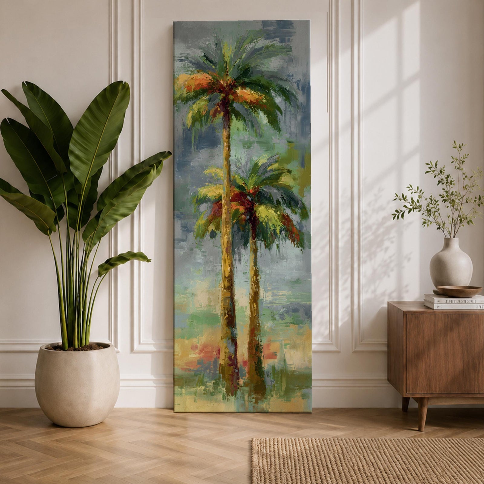 A tall narrow painting of two palm trees with slender trunks and lush green fronds, rendered in expressive brushstrokes with layered tones of green, gold, and soft red against a muted abstract background of blue and gray, creating a loose impressionistic tropical landscape composition.