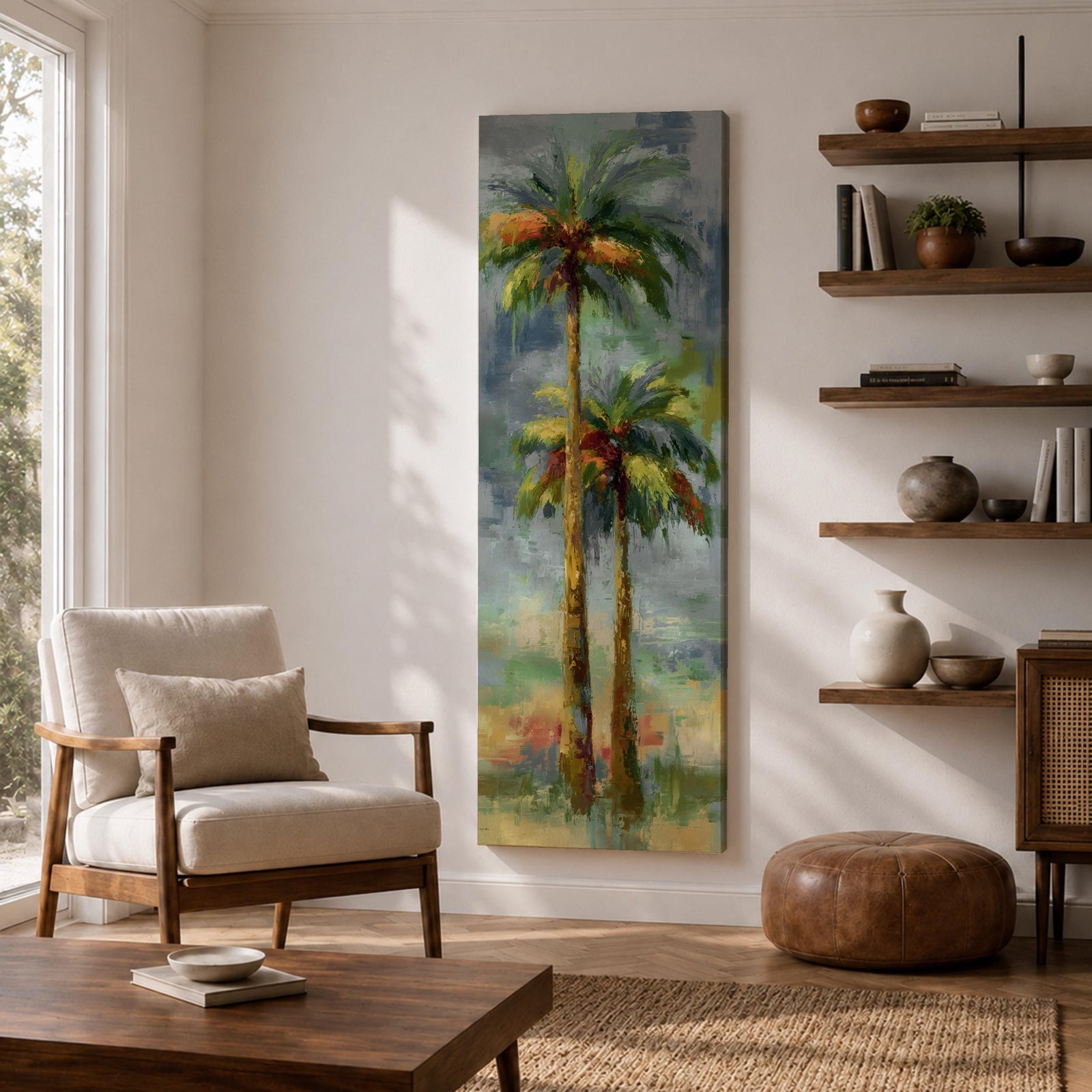 A tall narrow painting of two palm trees with slender trunks and lush green fronds, rendered in expressive brushstrokes with layered tones of green, gold, and soft red against a muted abstract background of blue and gray, creating a loose impressionistic tropical landscape composition.