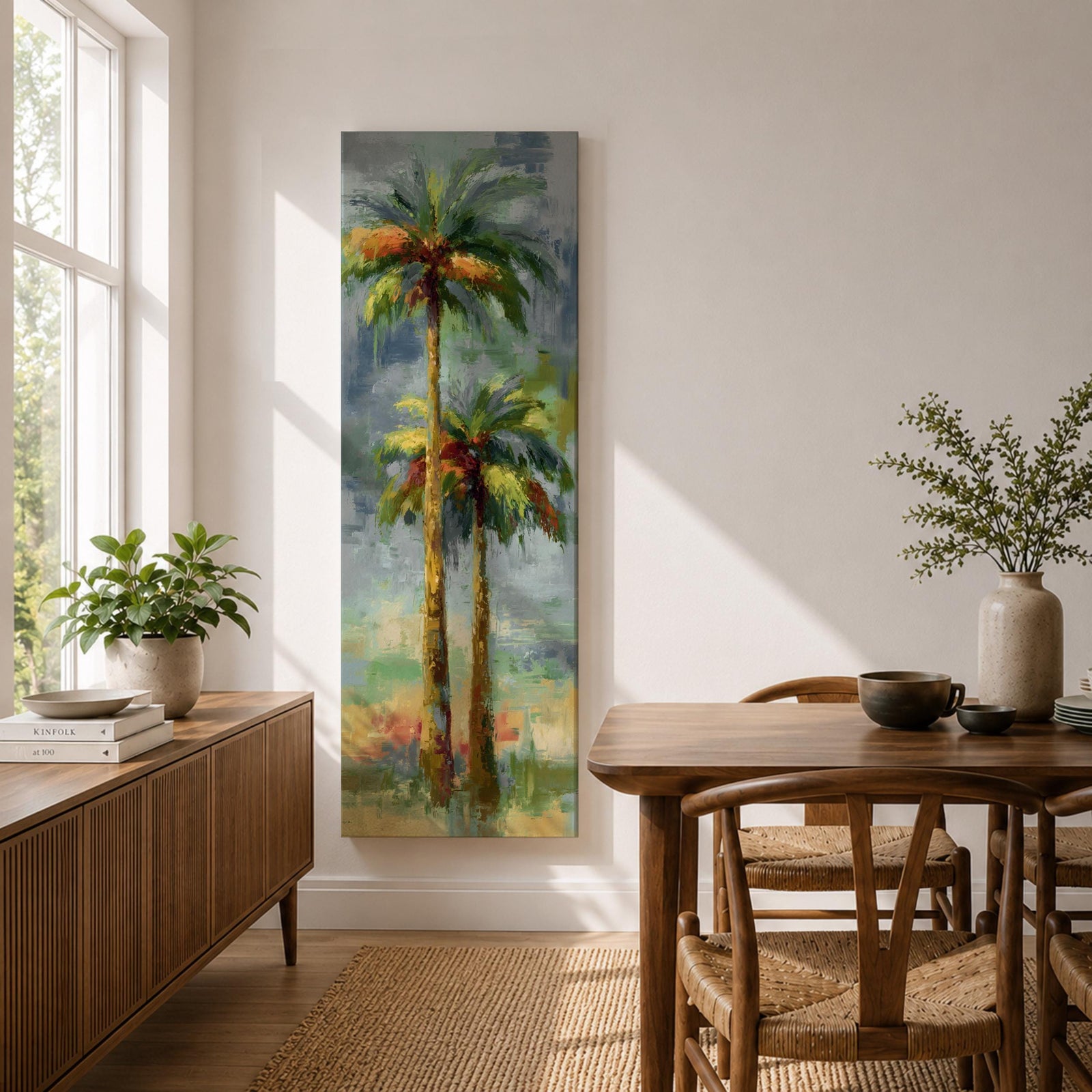 A tall narrow painting of two palm trees with slender trunks and lush green fronds, rendered in expressive brushstrokes with layered tones of green, gold, and soft red against a muted abstract background of blue and gray, creating a loose impressionistic tropical landscape composition.