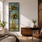 A tall narrow painting of two palm trees with slender trunks and lush green fronds, rendered in expressive brushstrokes with layered tones of green, gold, and soft red against a muted abstract background of blue and gray, creating a loose impressionistic tropical landscape composition.