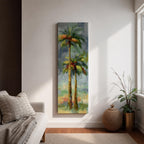 A tall narrow painting of two palm trees with slender trunks and lush green fronds, rendered in expressive brushstrokes with layered tones of green, gold, and soft red against a muted abstract background of blue and gray, creating a loose impressionistic tropical landscape composition.
