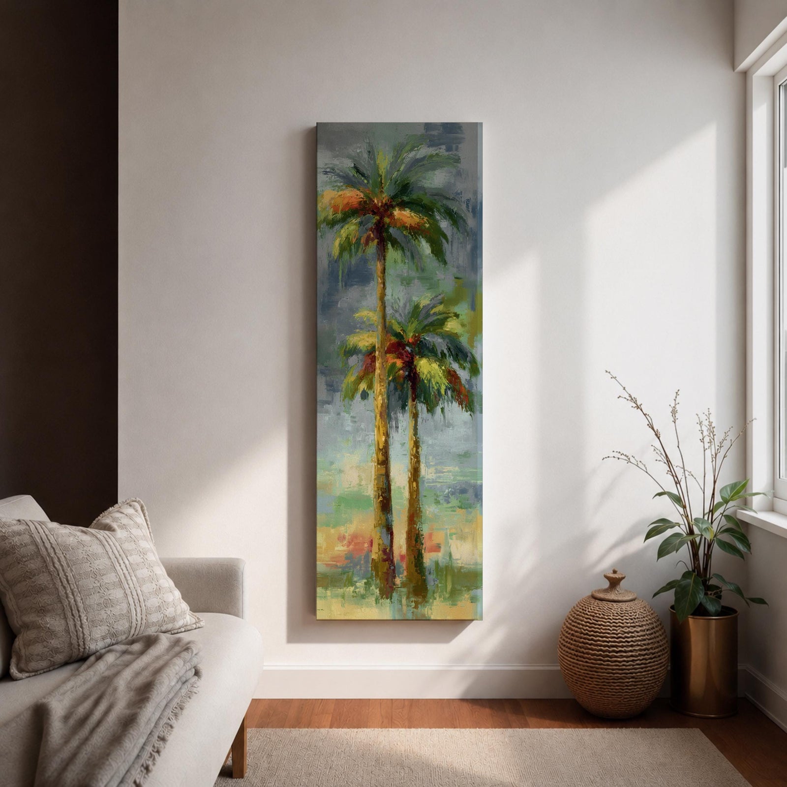 A tall narrow painting of two palm trees with slender trunks and lush green fronds, rendered in expressive brushstrokes with layered tones of green, gold, and soft red against a muted abstract background of blue and gray, creating a loose impressionistic tropical landscape composition.