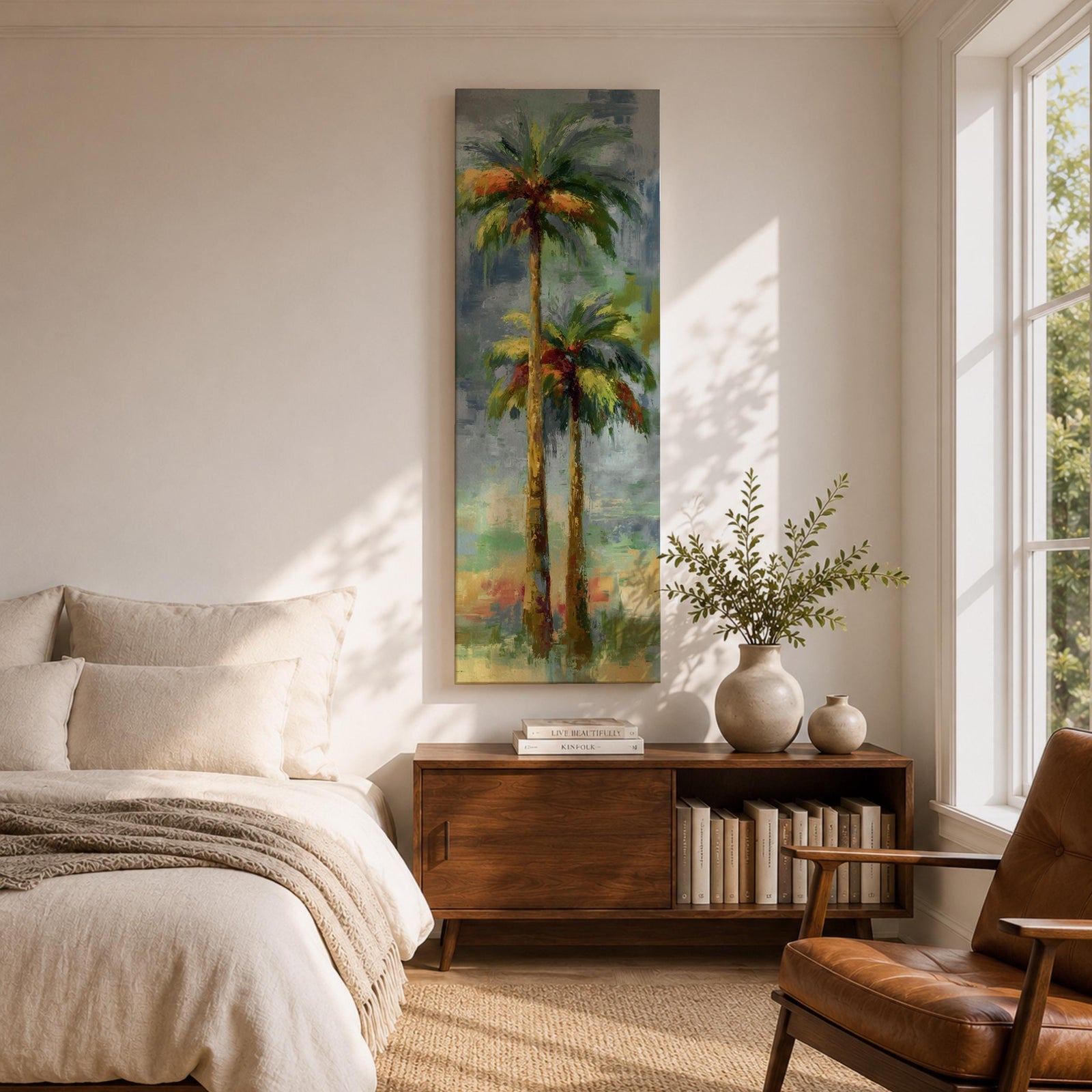 A tall narrow painting of two palm trees with slender trunks and lush green fronds, rendered in expressive brushstrokes with layered tones of green, gold, and soft red against a muted abstract background of blue and gray, creating a loose impressionistic tropical landscape composition.
