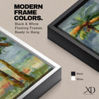 A tall narrow painting of two palm trees with slender trunks and lush green fronds, rendered in expressive brushstrokes with layered tones of green, gold, and soft red against a muted abstract background of blue and gray, creating a loose impressionistic tropical landscape composition.