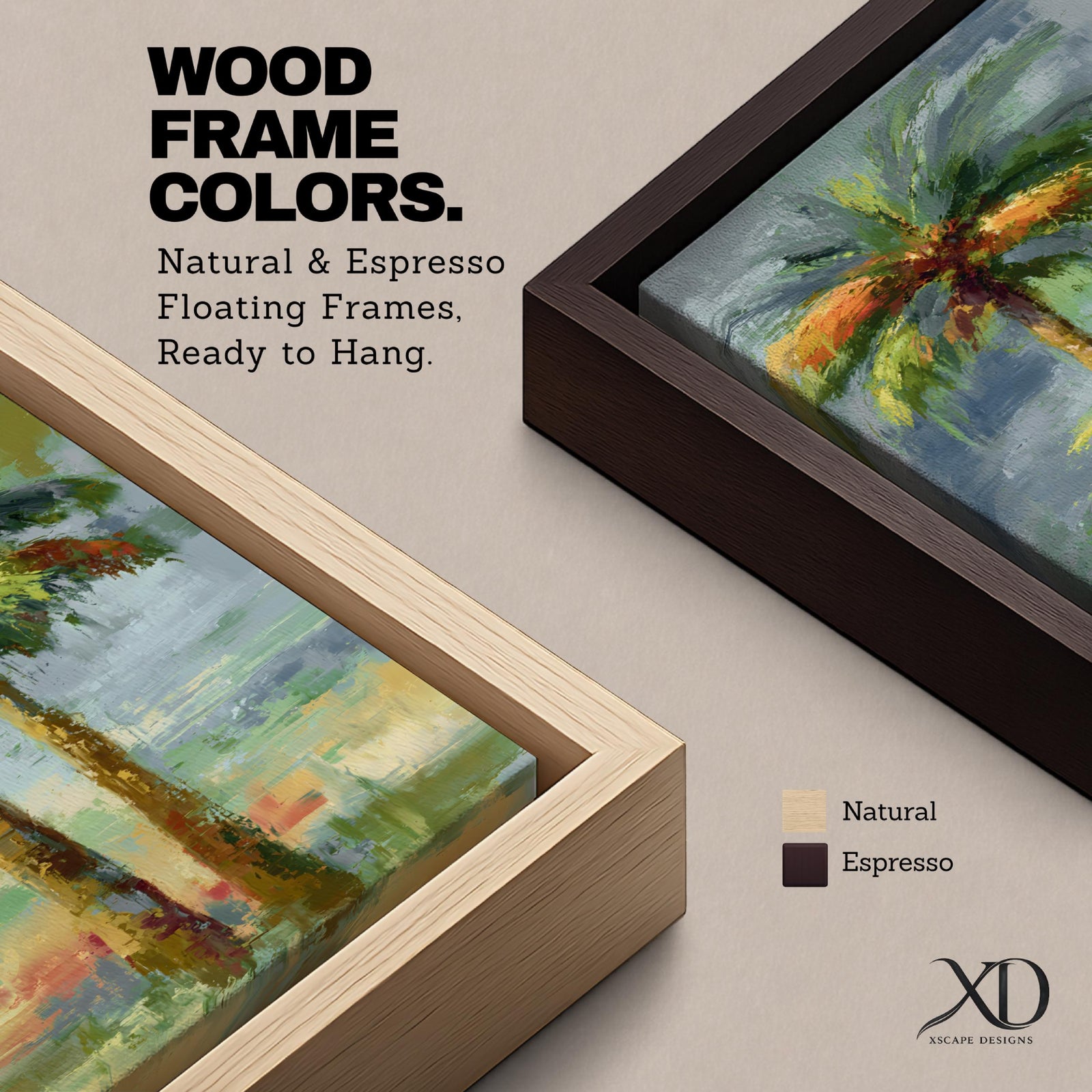 A tall narrow painting of two palm trees with slender trunks and lush green fronds, rendered in expressive brushstrokes with layered tones of green, gold, and soft red against a muted abstract background of blue and gray, creating a loose impressionistic tropical landscape composition.