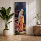 A tall narrow painting of the Virgin Mary standing in prayer with hands gently clasped, wearing a soft white veil over a flowing pink robe, surrounded by blooming flowers in rich pastel tones, set against a deep atmospheric background with expressive brushwork in a serene impressionistic style.
