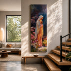 A tall narrow painting of the Virgin Mary standing in prayer with hands gently clasped, wearing a soft white veil over a flowing pink robe, surrounded by blooming flowers in rich pastel tones, set against a deep atmospheric background with expressive brushwork in a serene impressionistic style.