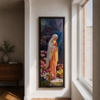 A tall narrow painting of the Virgin Mary standing in prayer with hands gently clasped, wearing a soft white veil over a flowing pink robe, surrounded by blooming flowers in rich pastel tones, set against a deep atmospheric background with expressive brushwork in a serene impressionistic style.