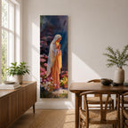 A tall narrow painting of the Virgin Mary standing in prayer with hands gently clasped, wearing a soft white veil over a flowing pink robe, surrounded by blooming flowers in rich pastel tones, set against a deep atmospheric background with expressive brushwork in a serene impressionistic style.