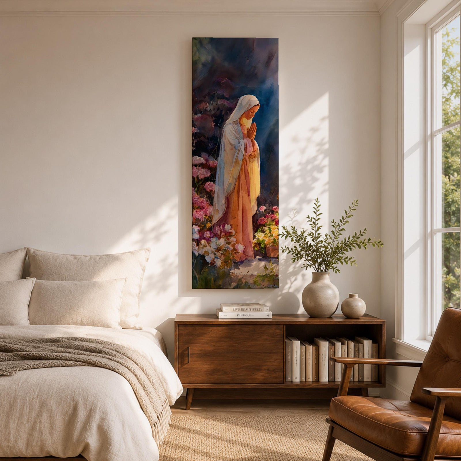 A tall narrow painting of the Virgin Mary standing in prayer with hands gently clasped, wearing a soft white veil over a flowing pink robe, surrounded by blooming flowers in rich pastel tones, set against a deep atmospheric background with expressive brushwork in a serene impressionistic style.
