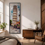 Long vertical watercolor style painting of the Leaning Tower rising above a lively Italian piazza with outdoor café tables and people walking along a stone street. The famous marble tower tilts gently against a bright sky while expressive brushstrokes capture the atmosphere of a historic Italian landmark and travel scene.