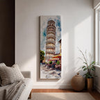 Long vertical watercolor style painting of the Leaning Tower rising above a lively Italian piazza with outdoor café tables and people walking along a stone street. The famous marble tower tilts gently against a bright sky while expressive brushstrokes capture the atmosphere of a historic Italian landmark and travel scene.