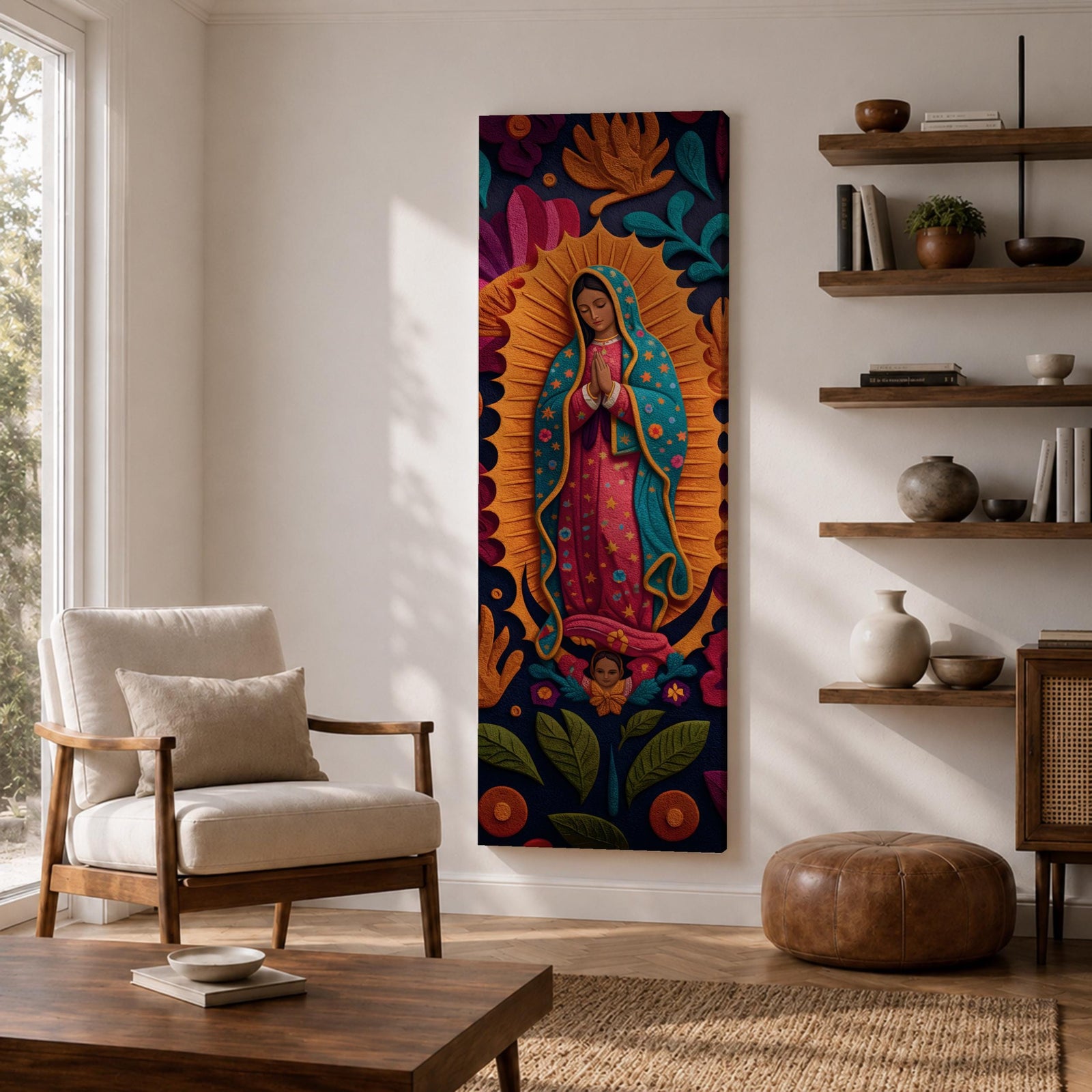 A tall narrow vertical depiction of Our Lady of Guadalupe with hands clasped in prayer, wearing a star covered mantle and framed by a radiant sunburst, surrounded by layered floral and botanical forms in a Mexican folk art style with rich contrasting tones and a dimensional textured composition.