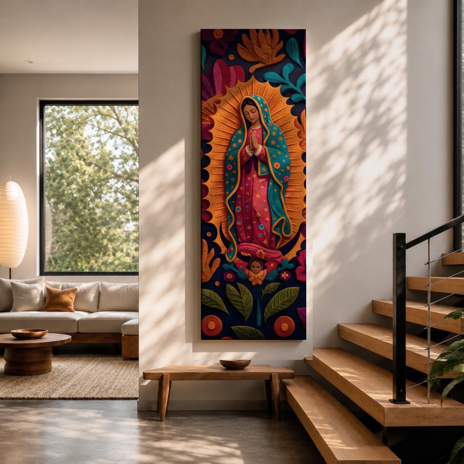 A tall narrow vertical depiction of Our Lady of Guadalupe with hands clasped in prayer, wearing a star covered mantle and framed by a radiant sunburst, surrounded by layered floral and botanical forms in a Mexican folk art style with rich contrasting tones and a dimensional textured composition.