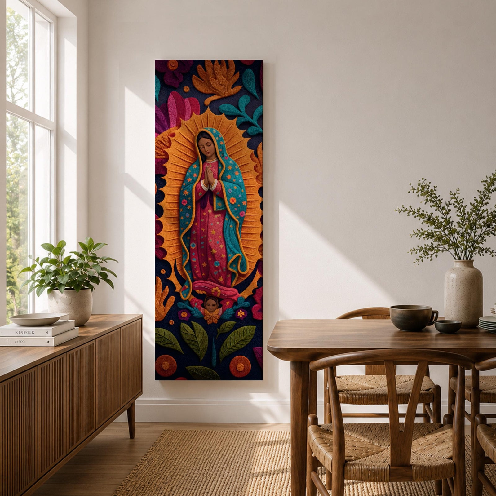 A tall narrow vertical depiction of Our Lady of Guadalupe with hands clasped in prayer, wearing a star covered mantle and framed by a radiant sunburst, surrounded by layered floral and botanical forms in a Mexican folk art style with rich contrasting tones and a dimensional textured composition.