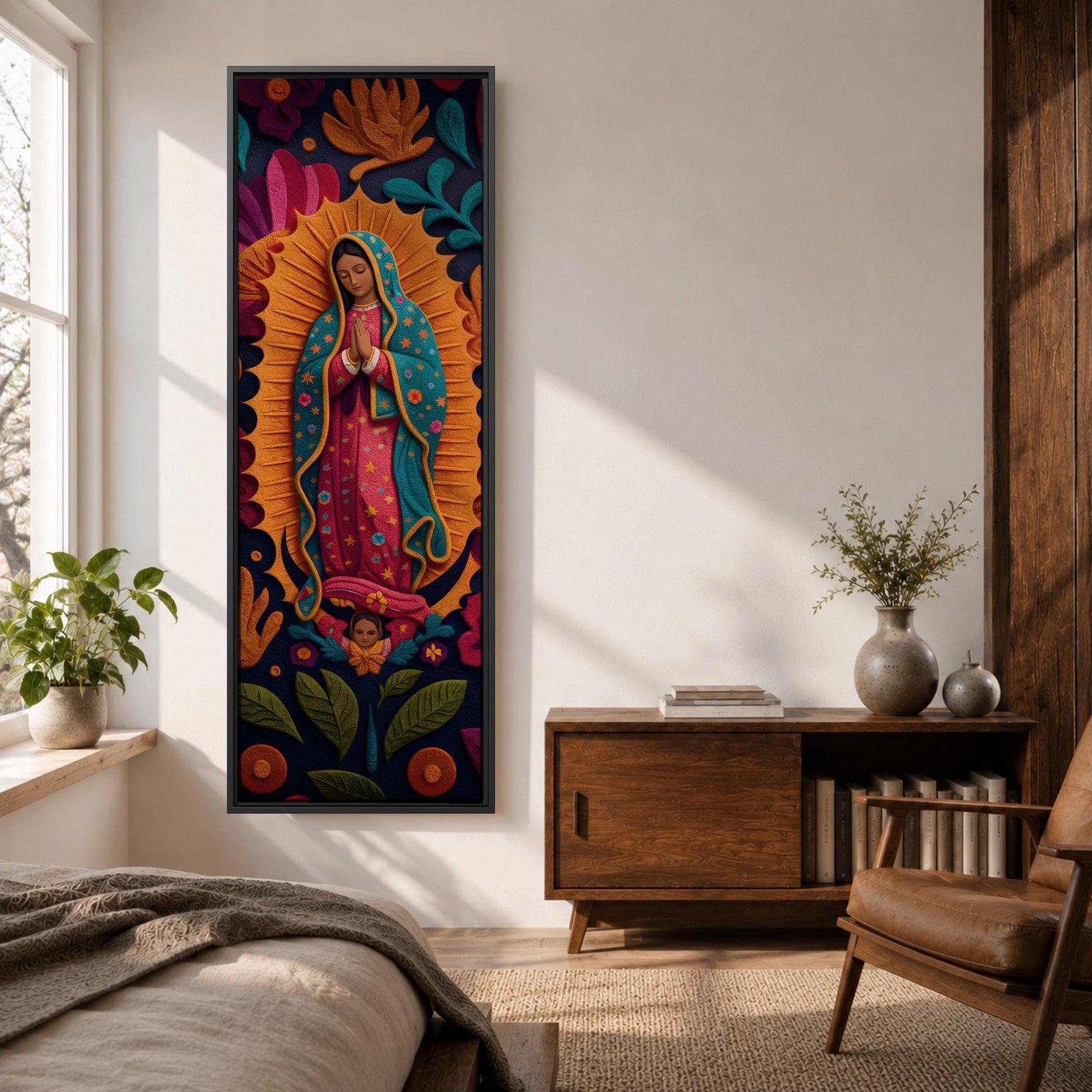 A tall narrow vertical depiction of Our Lady of Guadalupe with hands clasped in prayer, wearing a star covered mantle and framed by a radiant sunburst, surrounded by layered floral and botanical forms in a Mexican folk art style with rich contrasting tones and a dimensional textured composition.