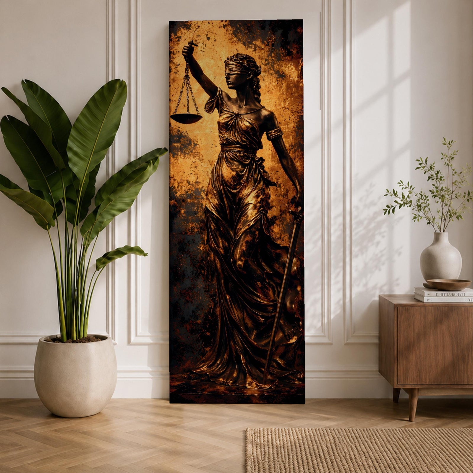 A tall narrow artwork depicting Lady Justice as a blindfolded classical figure holding balanced scales in one hand and a sword in the other, draped in flowing garments with a metallic bronze finish, set against a textured dark background with warm golden tones in a dramatic sculptural style.