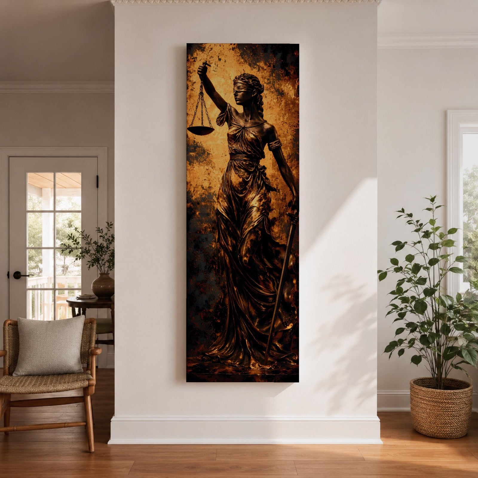 A tall narrow artwork depicting Lady Justice as a blindfolded classical figure holding balanced scales in one hand and a sword in the other, draped in flowing garments with a metallic bronze finish, set against a textured dark background with warm golden tones in a dramatic sculptural style.