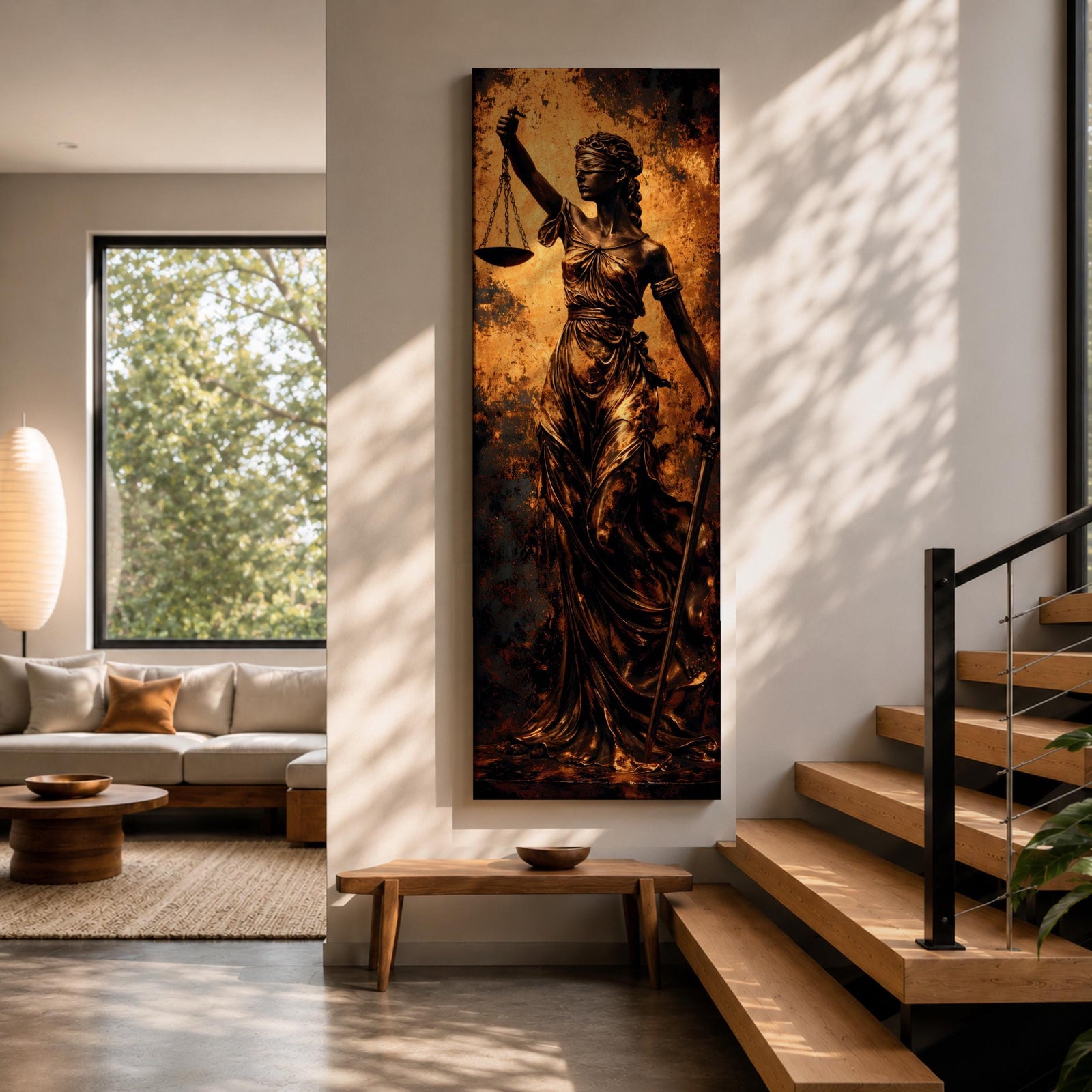 A tall narrow artwork depicting Lady Justice as a blindfolded classical figure holding balanced scales in one hand and a sword in the other, draped in flowing garments with a metallic bronze finish, set against a textured dark background with warm golden tones in a dramatic sculptural style.