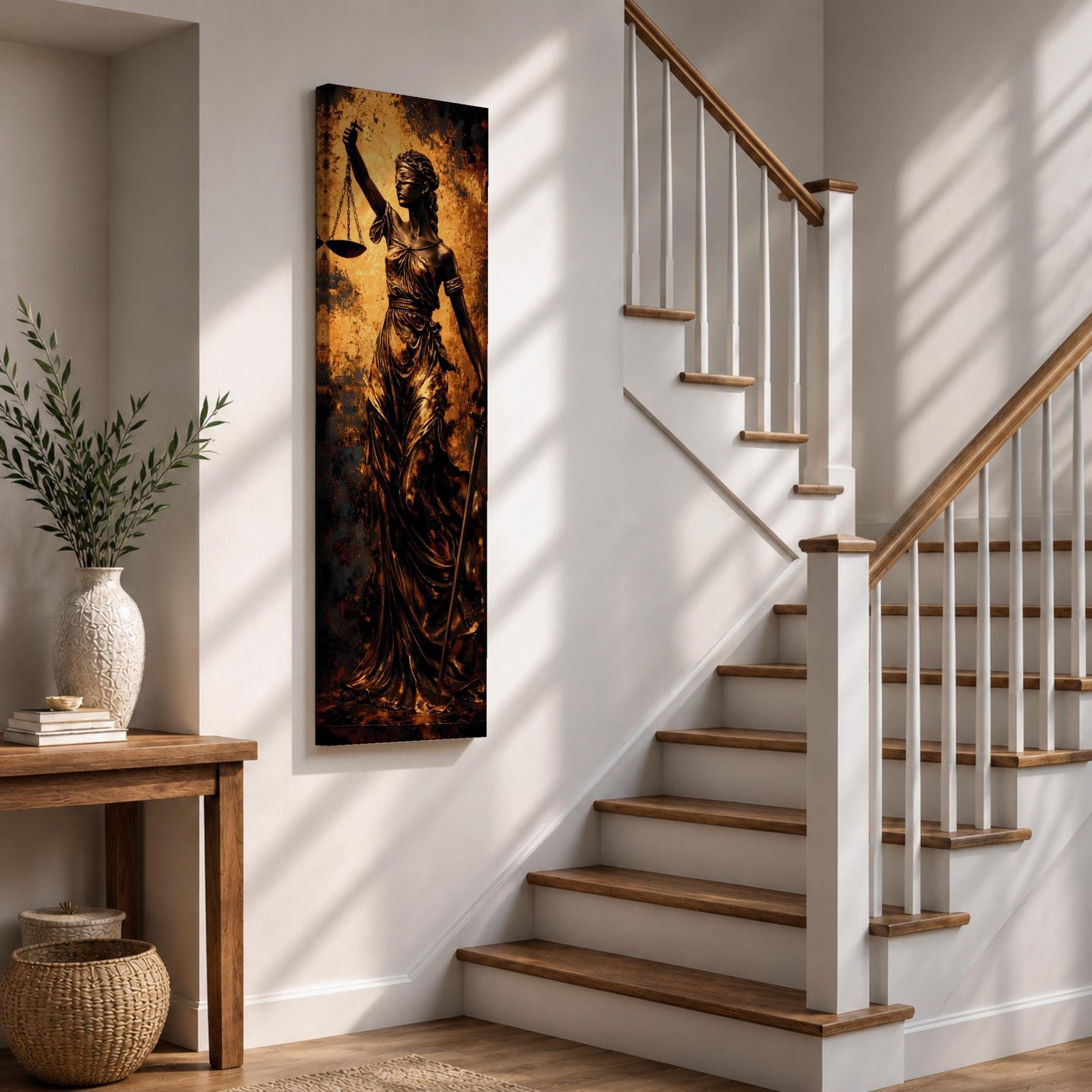 A tall narrow artwork depicting Lady Justice as a blindfolded classical figure holding balanced scales in one hand and a sword in the other, draped in flowing garments with a metallic bronze finish, set against a textured dark background with warm golden tones in a dramatic sculptural style.