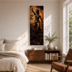 A tall narrow artwork depicting Lady Justice as a blindfolded classical figure holding balanced scales in one hand and a sword in the other, draped in flowing garments with a metallic bronze finish, set against a textured dark background with warm golden tones in a dramatic sculptural style.