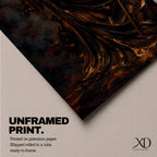 A tall narrow artwork depicting Lady Justice as a blindfolded classical figure holding balanced scales in one hand and a sword in the other, draped in flowing garments with a metallic bronze finish, set against a textured dark background with warm golden tones in a dramatic sculptural style.