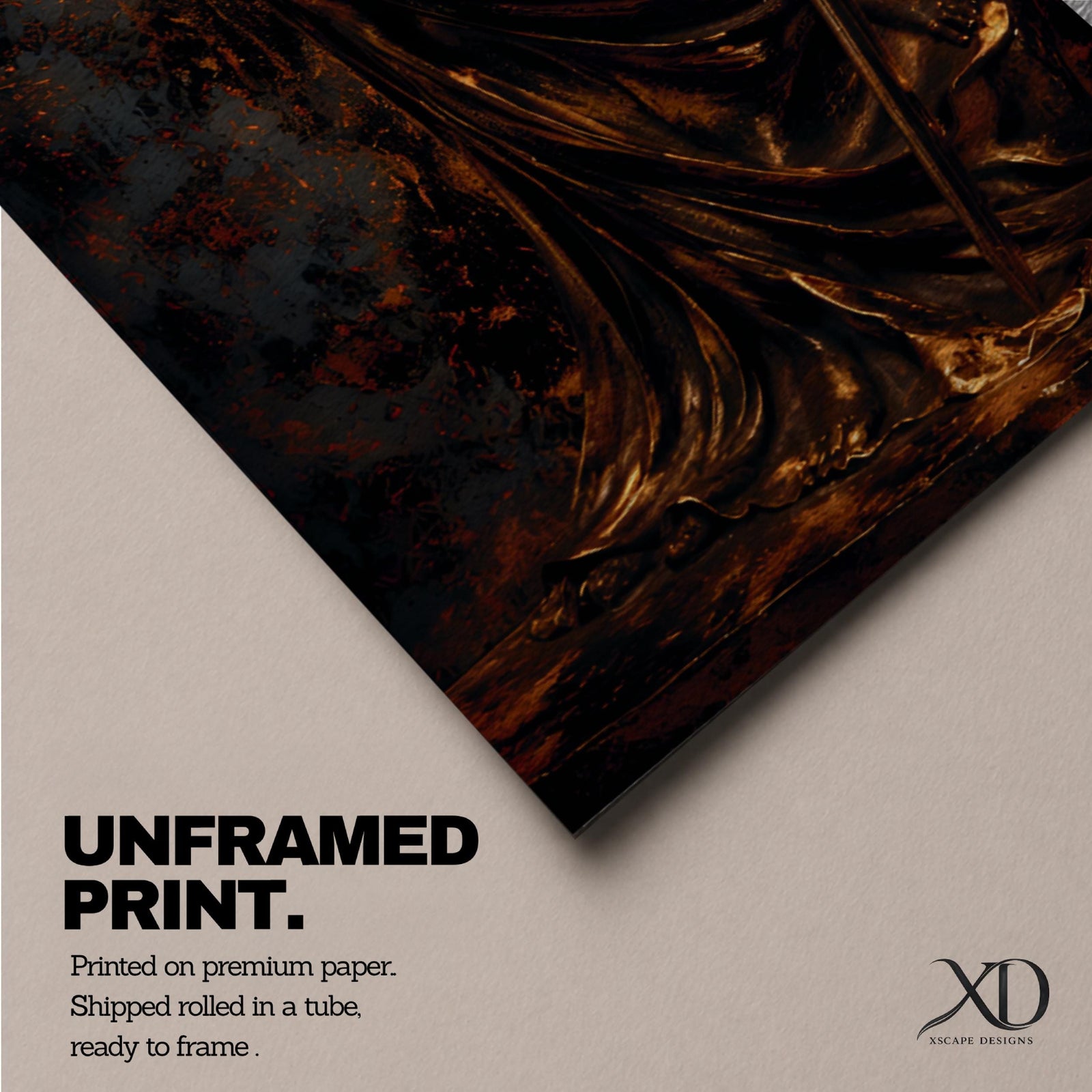 A tall narrow artwork depicting Lady Justice as a blindfolded classical figure holding balanced scales in one hand and a sword in the other, draped in flowing garments with a metallic bronze finish, set against a textured dark background with warm golden tones in a dramatic sculptural style.