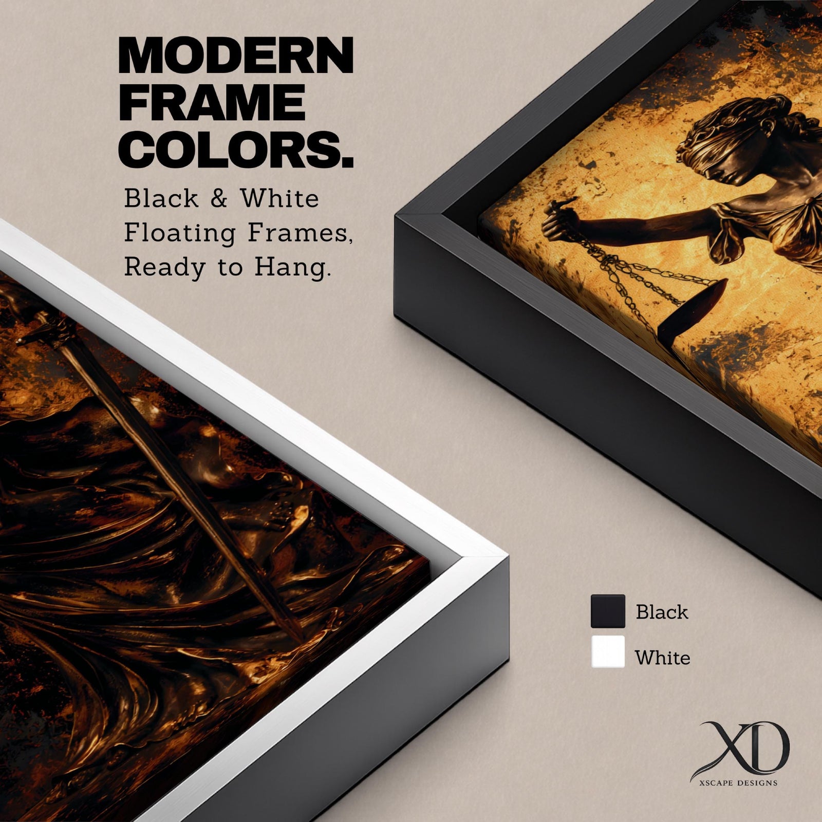 A tall narrow artwork depicting Lady Justice as a blindfolded classical figure holding balanced scales in one hand and a sword in the other, draped in flowing garments with a metallic bronze finish, set against a textured dark background with warm golden tones in a dramatic sculptural style.