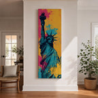 A tall narrow artwork of the Statue of Liberty shown from a low angle with the torch raised, rendered in bold pop art style with vibrant teal tones contrasted by bright pink and yellow paint splashes, featuring dynamic splatter textures and graphic shading in a modern abstract urban composition.