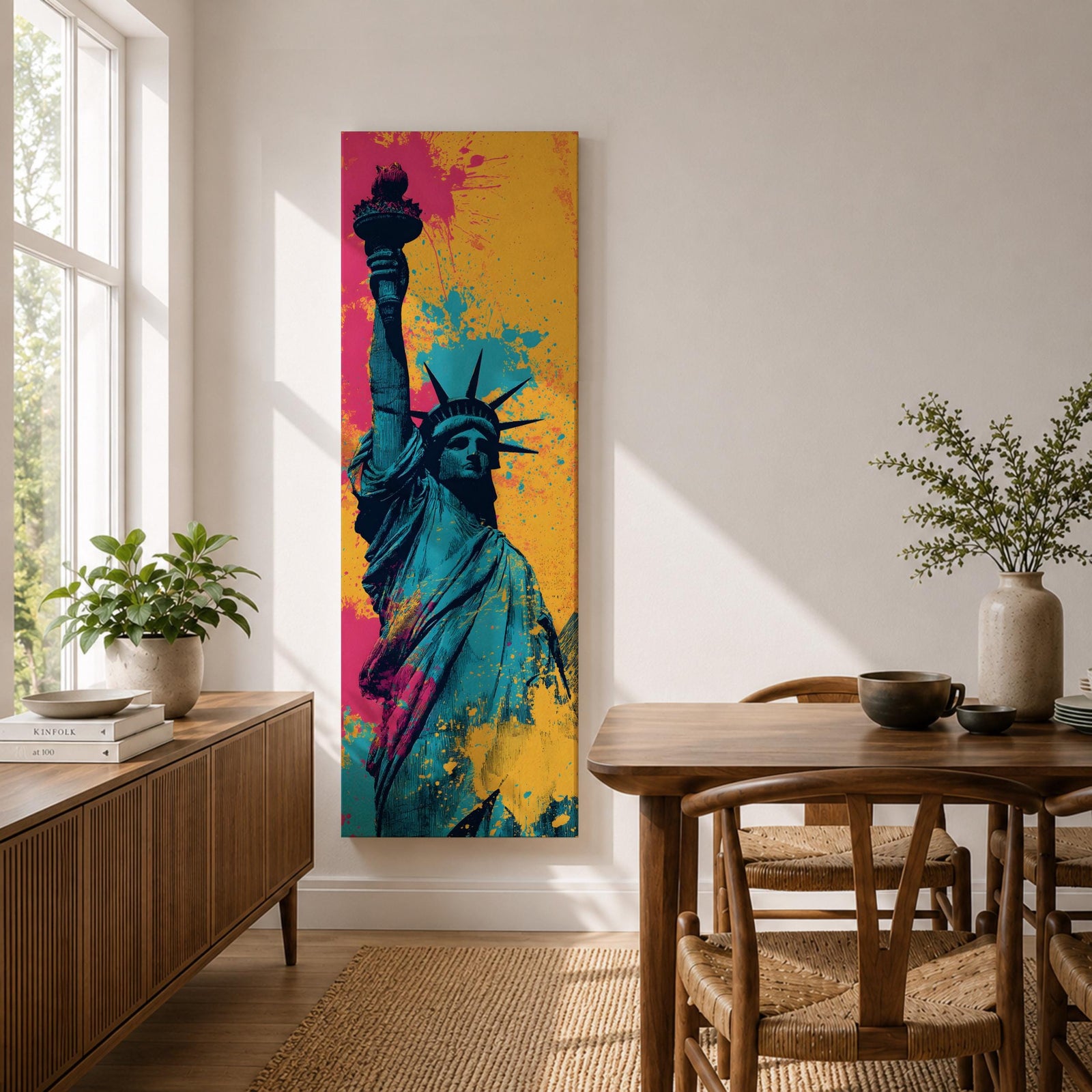 A tall narrow artwork of the Statue of Liberty shown from a low angle with the torch raised, rendered in bold pop art style with vibrant teal tones contrasted by bright pink and yellow paint splashes, featuring dynamic splatter textures and graphic shading in a modern abstract urban composition.