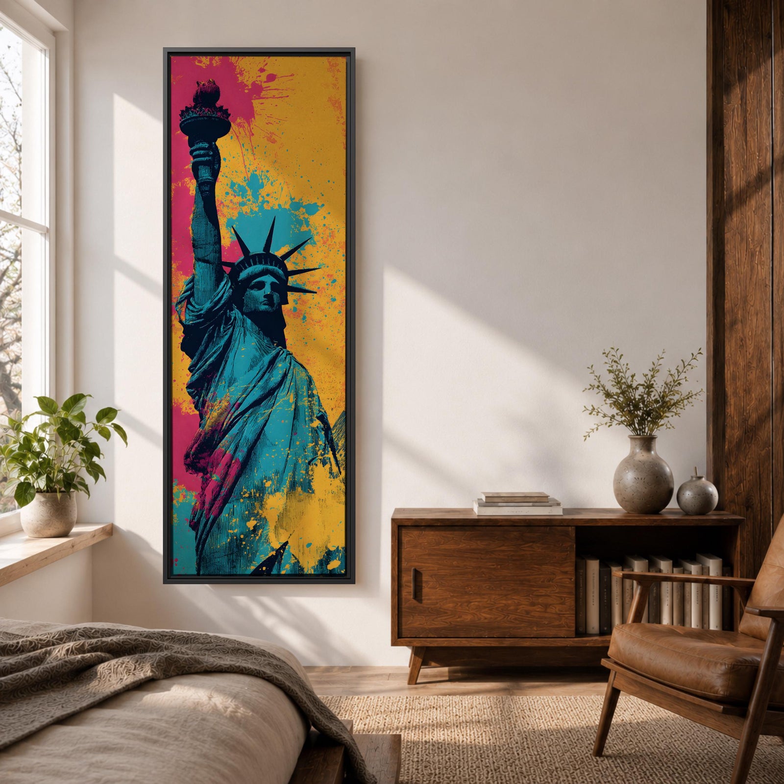 A tall narrow artwork of the Statue of Liberty shown from a low angle with the torch raised, rendered in bold pop art style with vibrant teal tones contrasted by bright pink and yellow paint splashes, featuring dynamic splatter textures and graphic shading in a modern abstract urban composition.