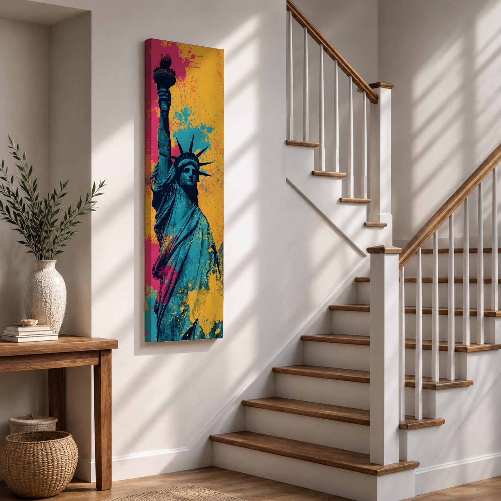 A tall narrow artwork of the Statue of Liberty shown from a low angle with the torch raised, rendered in bold pop art style with vibrant teal tones contrasted by bright pink and yellow paint splashes, featuring dynamic splatter textures and graphic shading in a modern abstract urban composition.